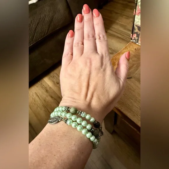 NWT Green Connemara Marble Faux Pearl Coil Rosary Bracelet, Made in Ireland, QVC - Picture 6 of 11